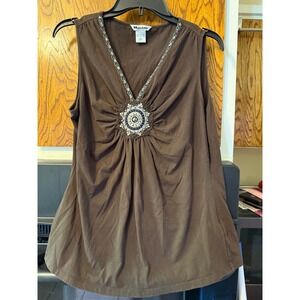 Nygard Collection Womens Brown Sleeveless V-Neck Beaded Medallion Top M 10-12